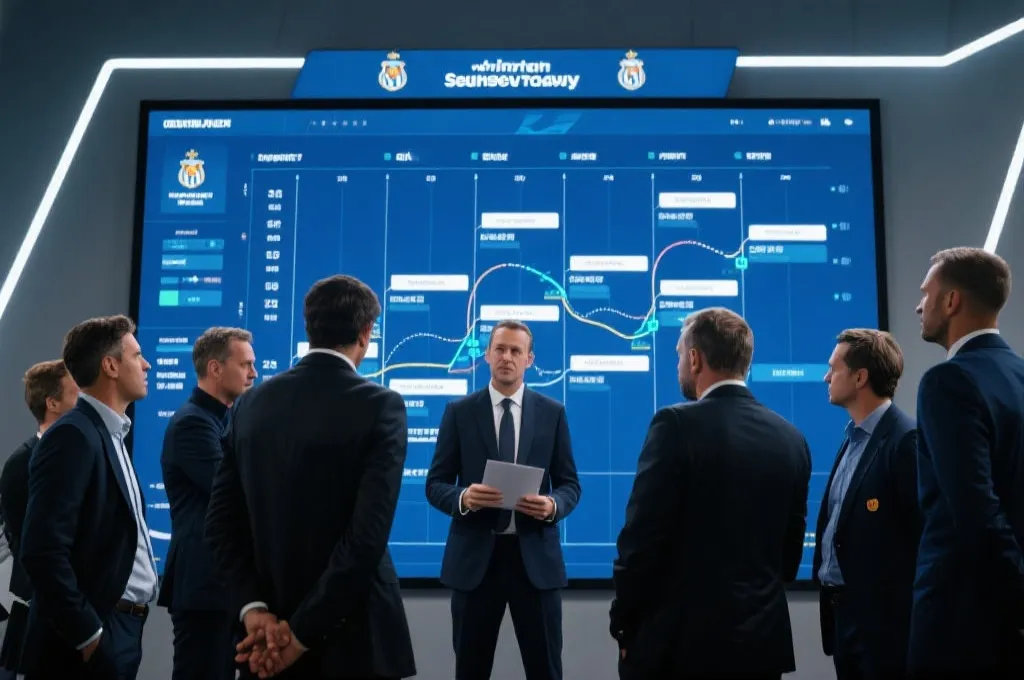 俱乐部高管与教练团队讨论赛季规划，数据屏幕上显示双线赛程